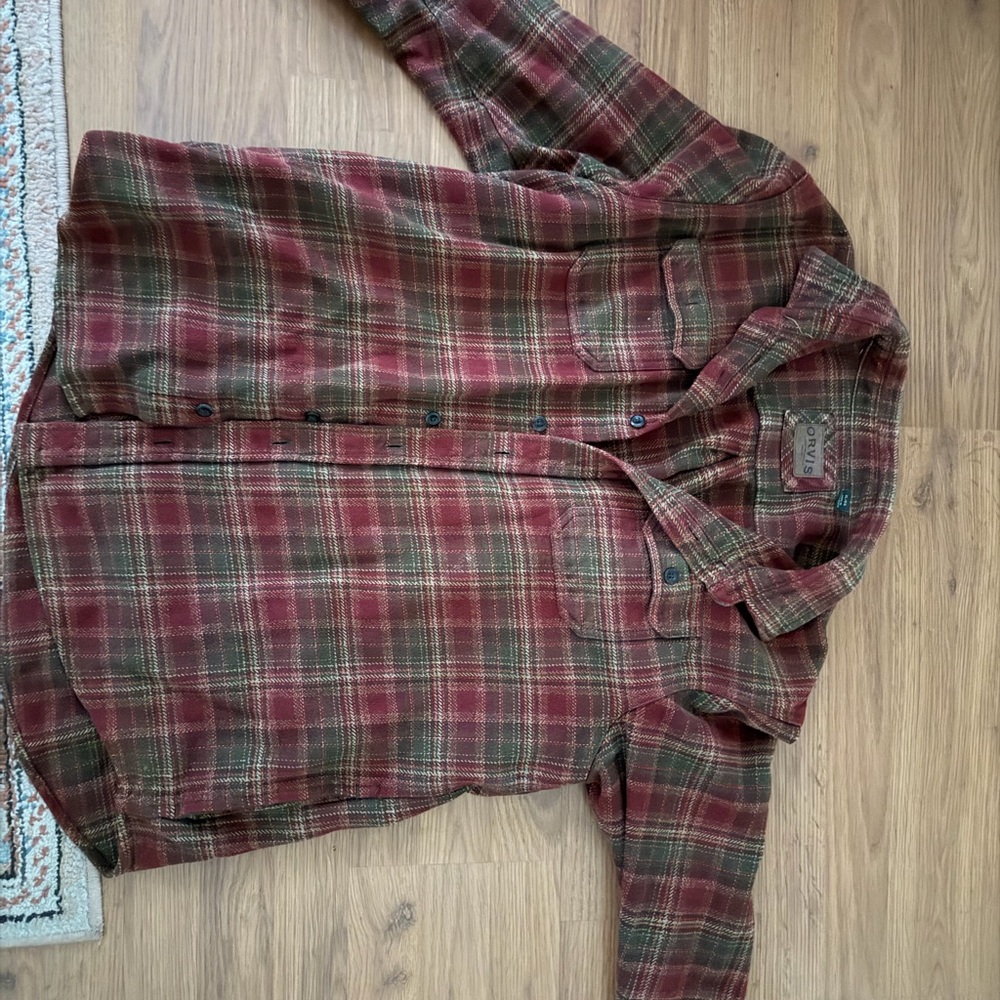 Orvis Red and Green Plaid Casual Button Down Shirt